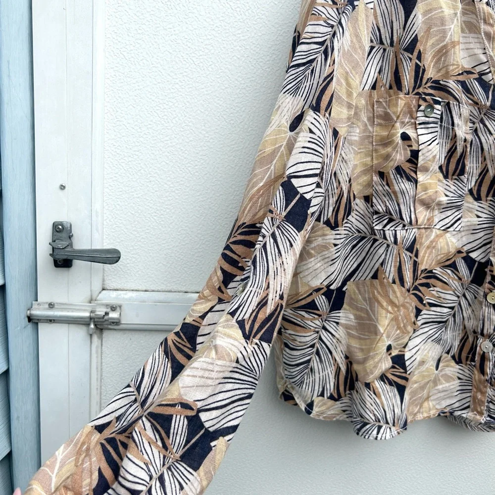 C&C California Linen Top Women XL Leaf Print Neutral Multi Button Front Resort - Picture 9 of 15